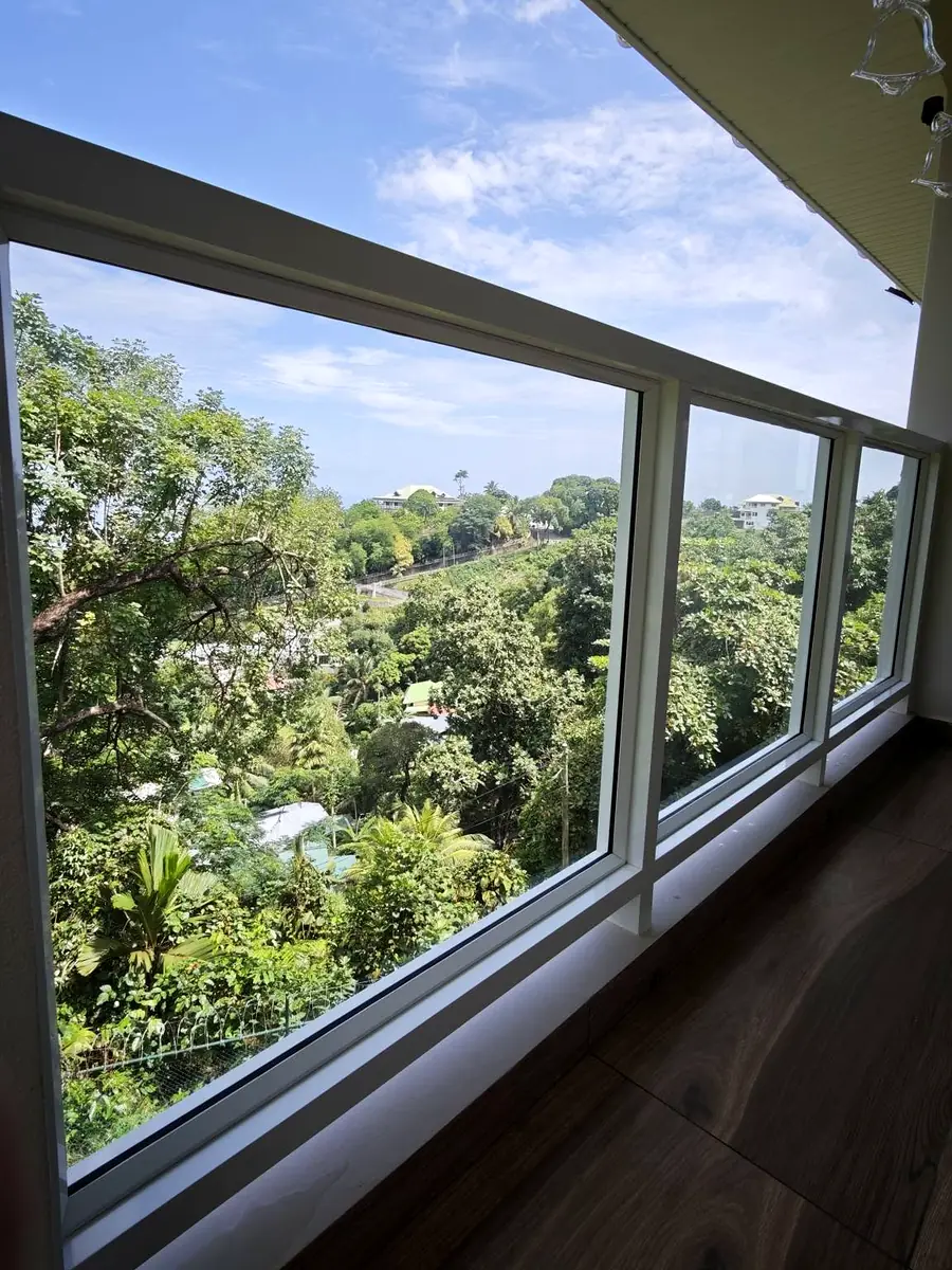 Clean glass windows overlooking a green hillside