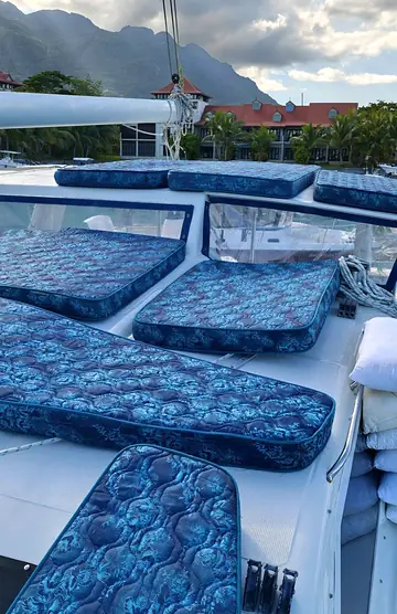 Cleaned deck cushions on a boat in a marina
